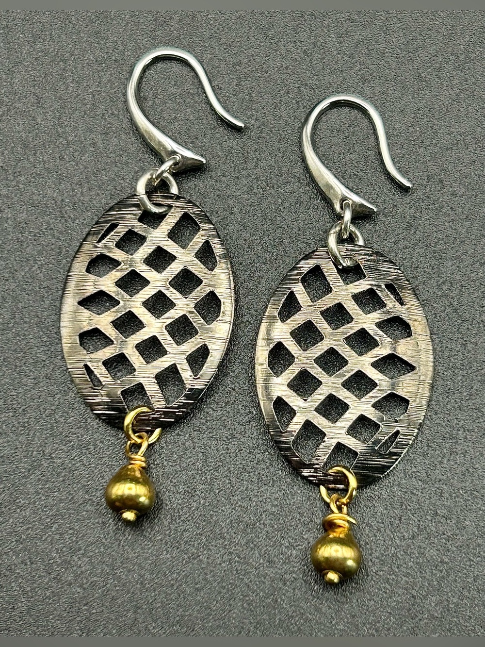 Oval Cutout Two Tone Earrings - Black with Gold Accent and Thick Silver Hooks